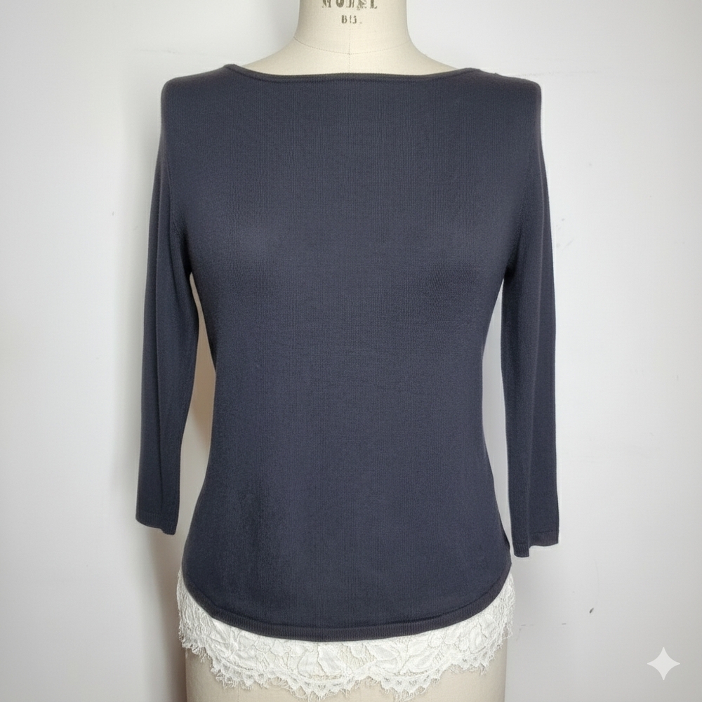 WHBM Size XS Sweater Black White Knit Lace 3/4 Sleeve Open Back Tie Cottagecore
